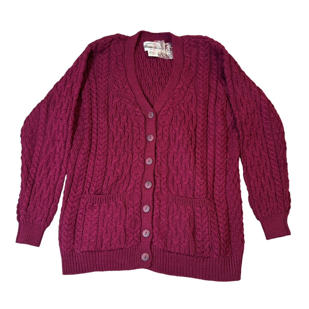 NWOT Arancrafts Ireland 100% Merino Wool Cable Knit Cardigan Burgundy XXL